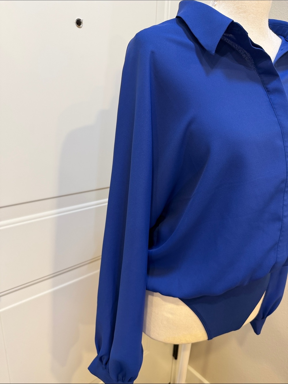 Express Cobalt Blue Long-Sleeve Button-Down Bodysuit Shirt - Picture 3 of 7